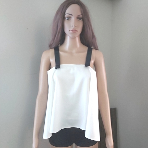 Celine Tops - Celine Paris Faux leather contract straps slip blouse top black white